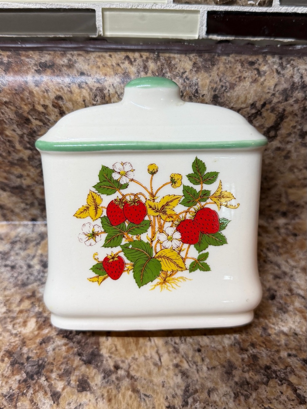 Vintage Ceramic Strawberry Napkin Holder with Green Trim